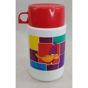 Vintage 1997 Looney Toons Thermos Plastic White Thermos Red Cup Logo Graphic